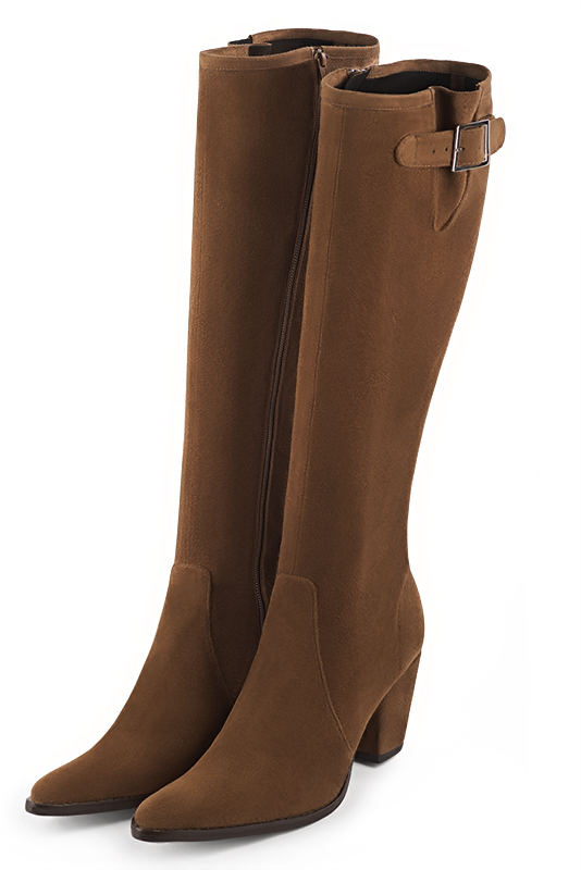 Caramel brown women's knee-high boots with buckles. Tapered toe. High cone heels. Made to measure - Florence KOOIJMAN